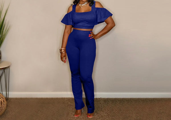 Women Solid Color Ruffled Short Sleeve Crop Two Piece Pant Set