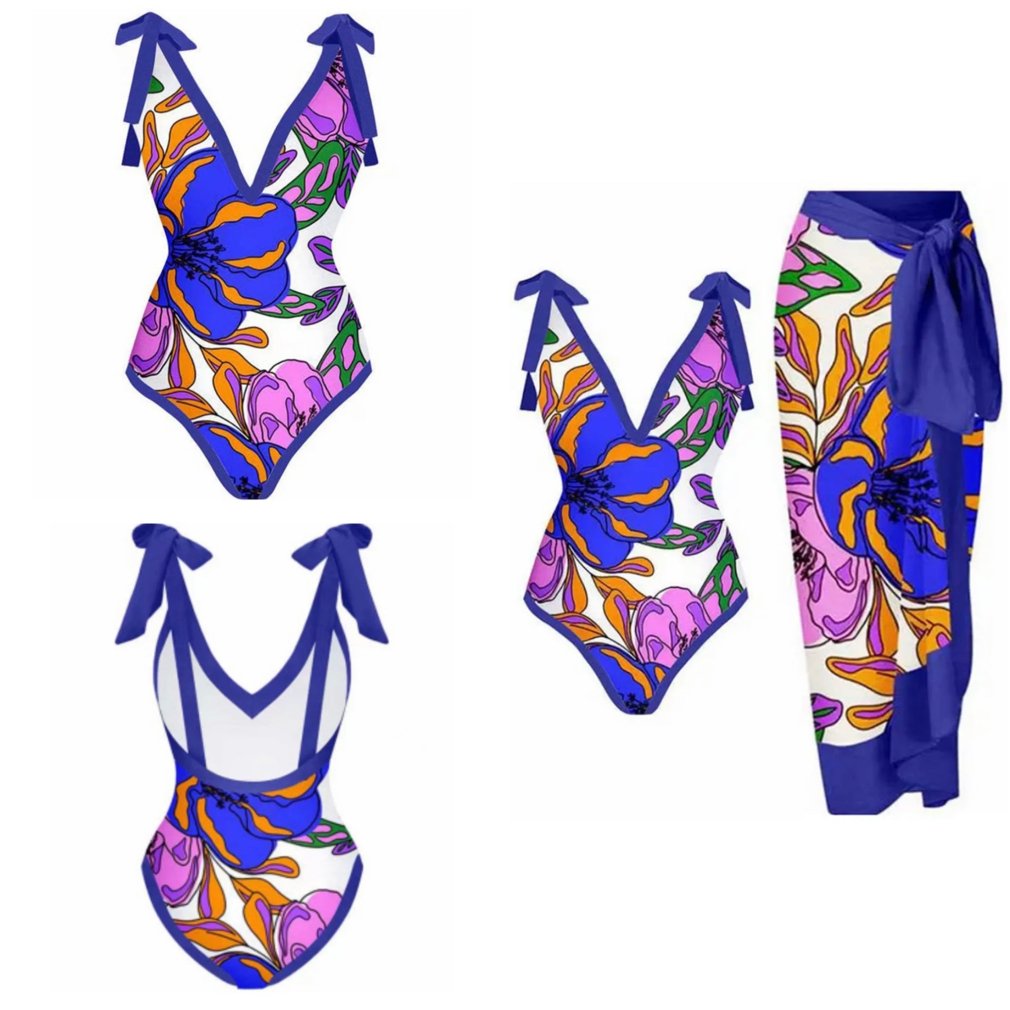 Women Multicolored Print Sexy Tie Up Swimsuit Cover Up Set