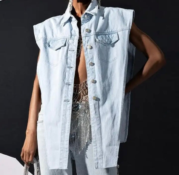 Women Sleeveless Button Up Fashion Denim Asymmetrical Top