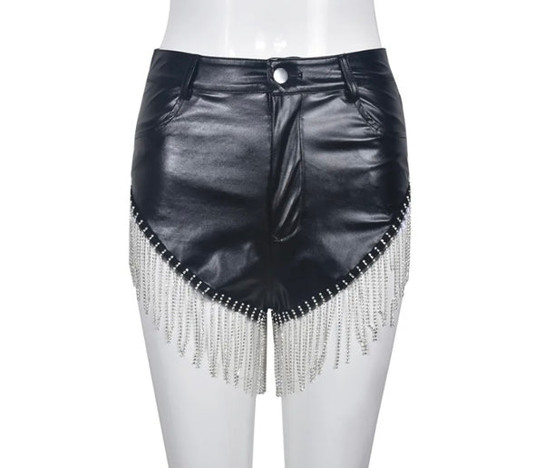 Women Black Fashion Faux Leather Rhinestone Tassel Shorts