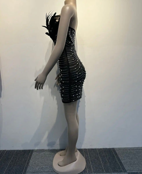 Women Feather Beaded Bling Mesh Strapless Dress