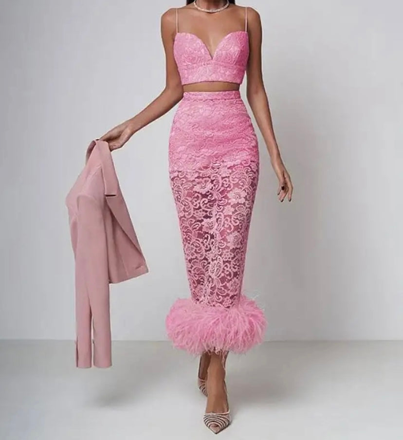 Women Sexy Sleeveless Lace Faux Fur Two Piece Maxi Skirt Set