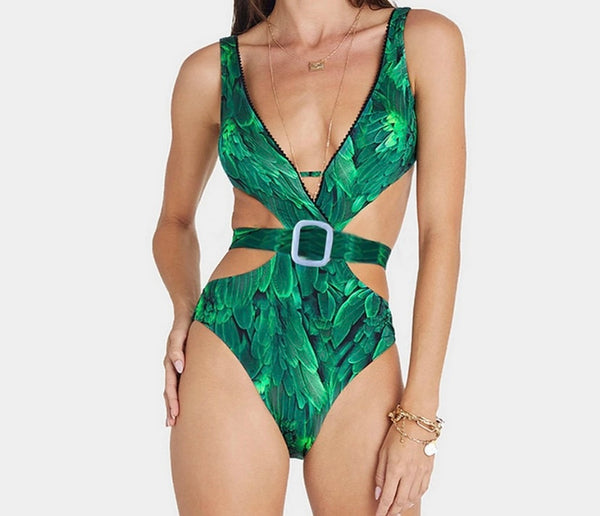 Women Sexy Green Printed Buckled Swimsuit Cover Up Set