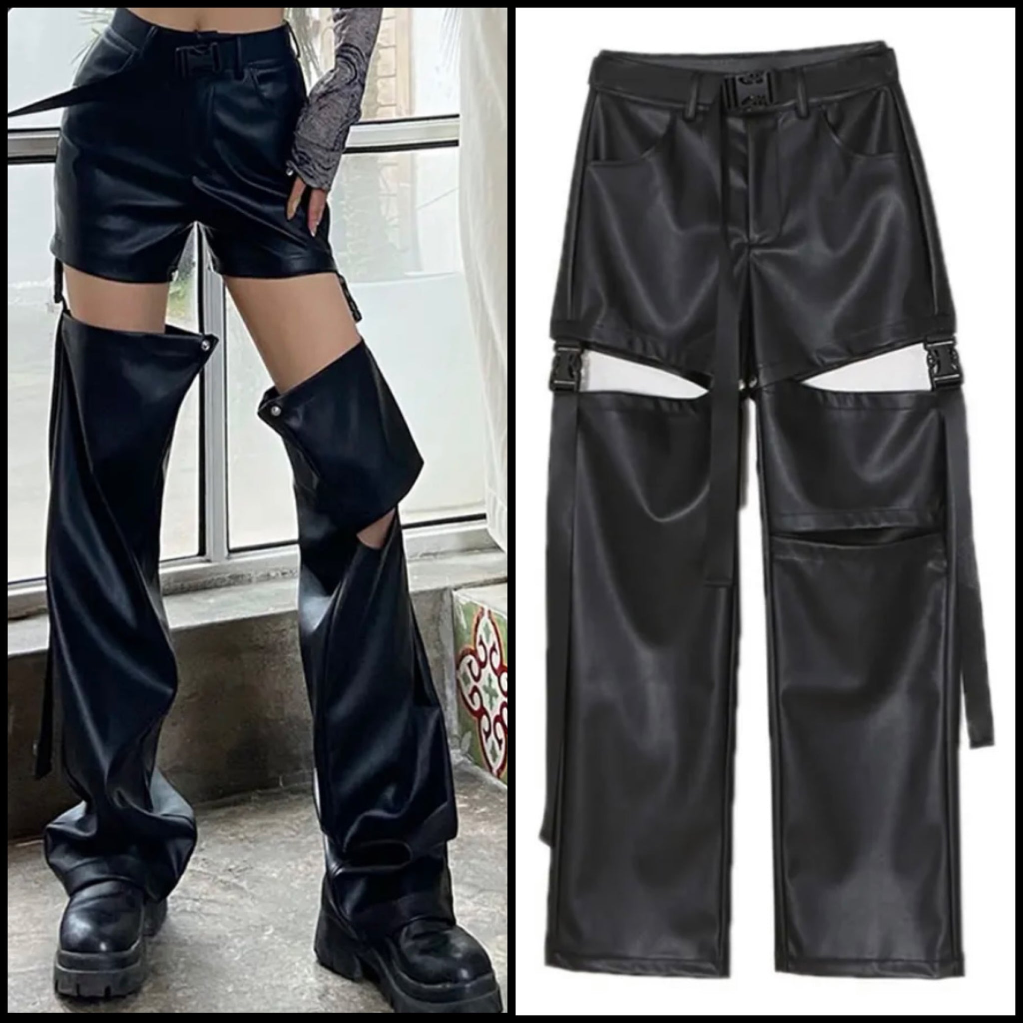 Women Black Faux Leather Buckled Cut Out Pants