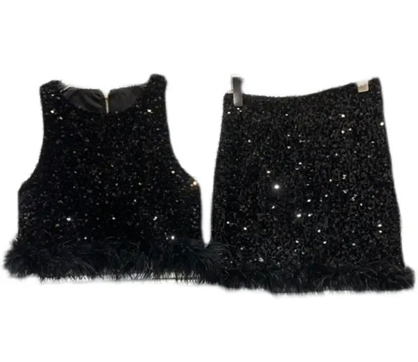 Women Black Sexy Sequins Sleeveless Feather Two Piece Skirt Set