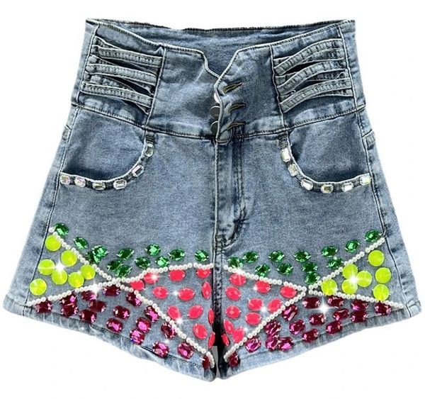 Women Fashion Neon Gem Patchwork Denim Shorts