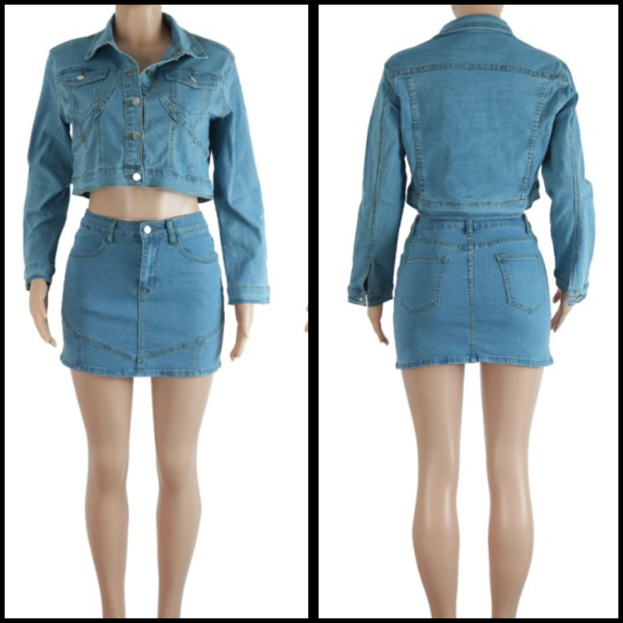 Women Fashion Button Up Denim Crop Jacket Two Piece Skirt Set