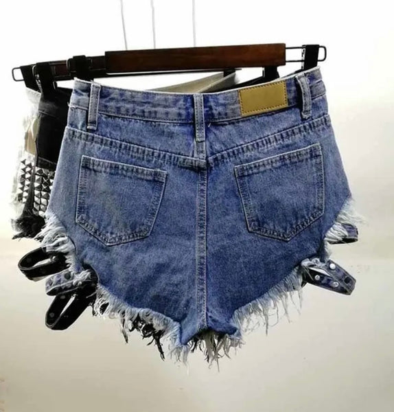 Women Rivet Fashion Ripped Denim Mini Shorts