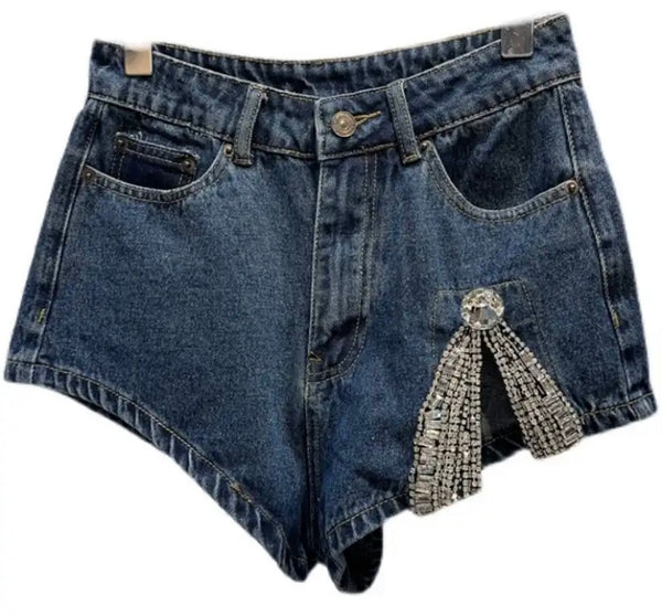 Women Fashion Rhinestone Patchwork Denim Mini Shorts