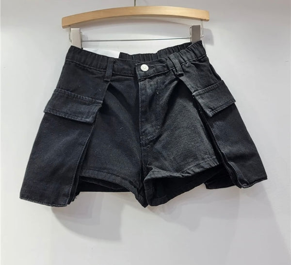 Women Solid Color Fashion Side Pocket Denim Shorts