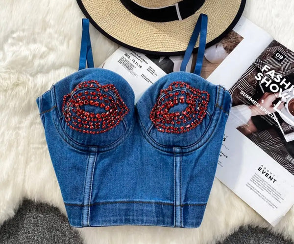 Women Sleeveless Red Rhinestone Patchwork Denim Crop Top