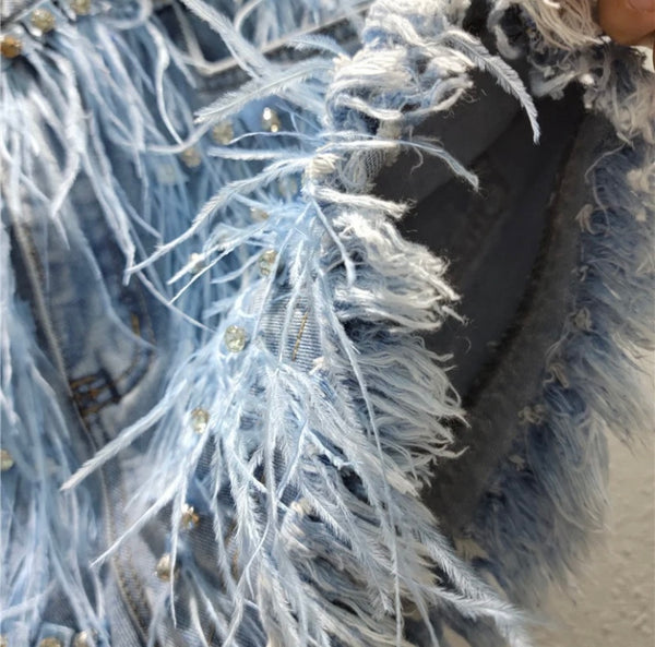 Women Rhinestone Feather Fashion Denim Shorts