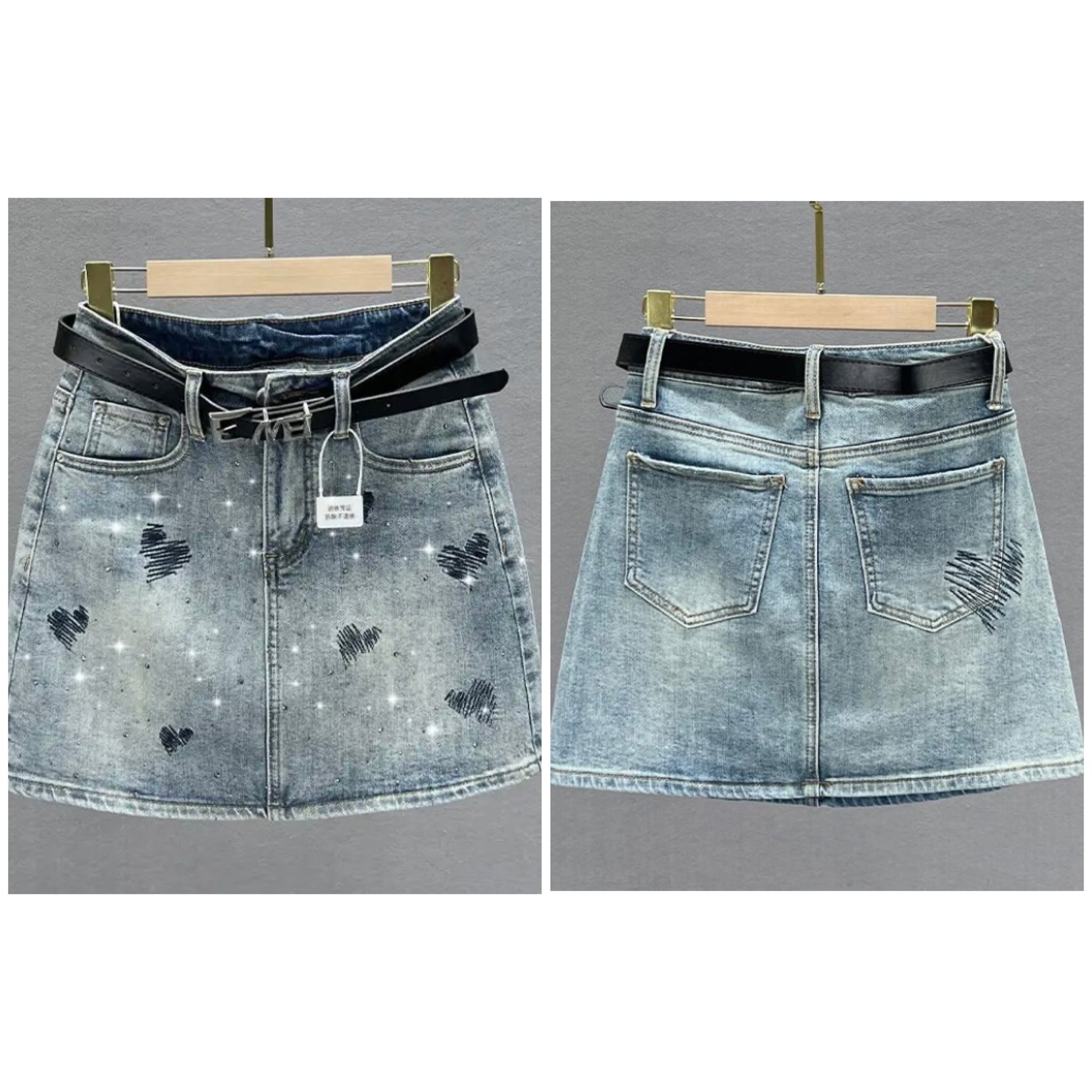 Women Heart Print Fashion Denim Skirt