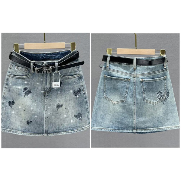 Women Heart Print Fashion Denim Skirt