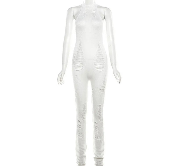 Women Ripped Halter Sexy Sleeveless Knitted Jumpsuit