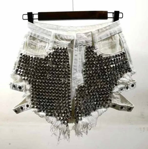Women Rivet Fashion Ripped Denim Mini Shorts