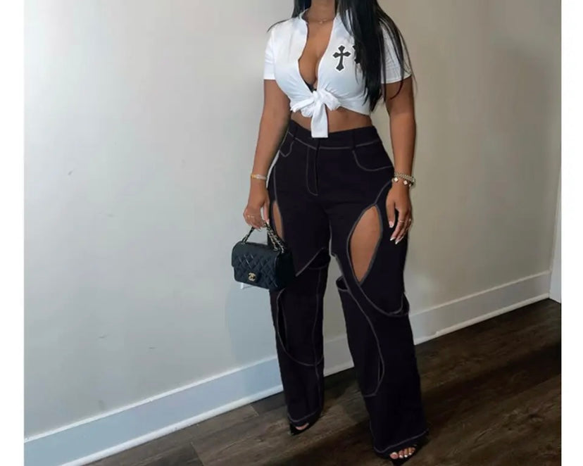 Women Hollow Out Fashion High Waisted Pants