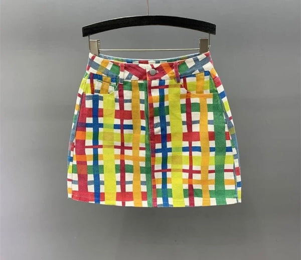 Women Fashion Multicolored Striped Denim Skirt