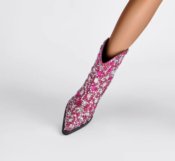 Women Pointed Toe Bling Gem Fashion Ankle Western Boots