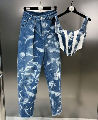 Women Sleeveless Crop Denim Fashion Two Piece Pant Set
