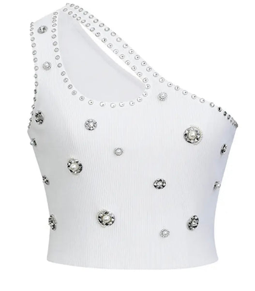 Women One Shoulder Rhinestone Patchwork Crop Top