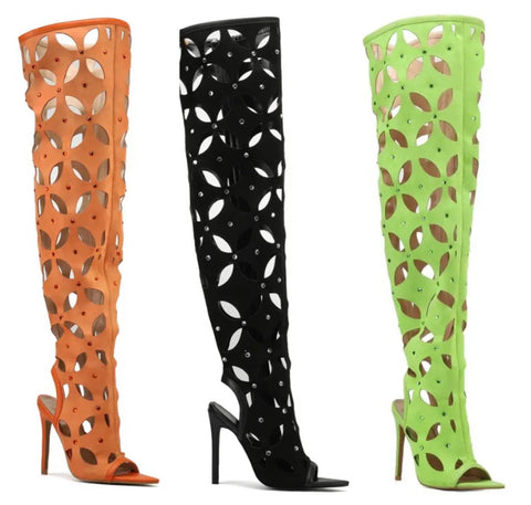 Women Open Toe Hollow Out Knee High Boots