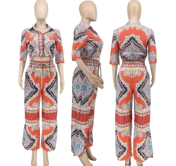 Women Multicolored Print Fashion Short Sleeve Button Up Two Piece Pant Set