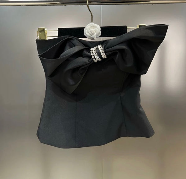 Women Fashion Black Rhinestone Bow Strapless Two Piece Short Set