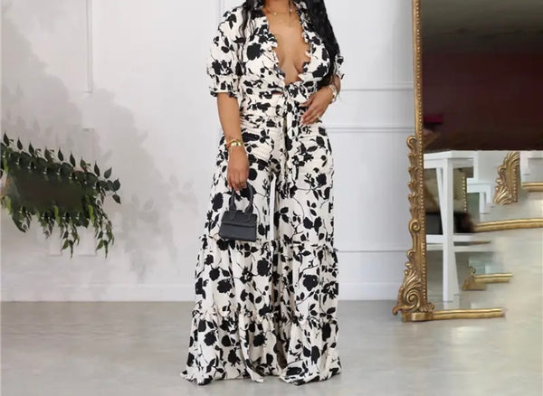 Women Floral Fashion Two Piece Wide Leg Pant Set