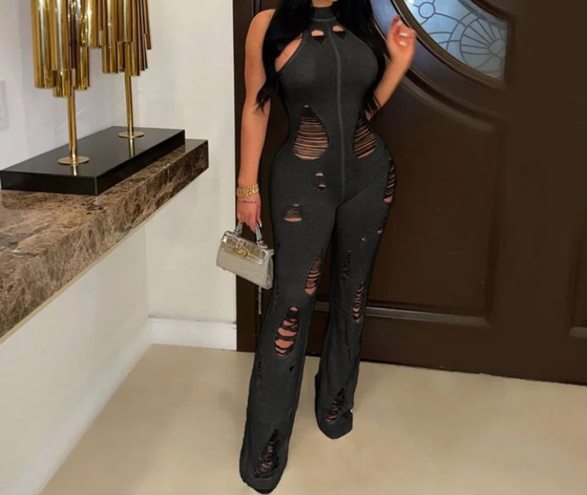 Women Ripped Halter Sexy Sleeveless Knitted Jumpsuit