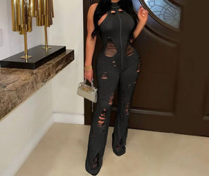 Women Ripped Halter Sexy Sleeveless Knitted Jumpsuit