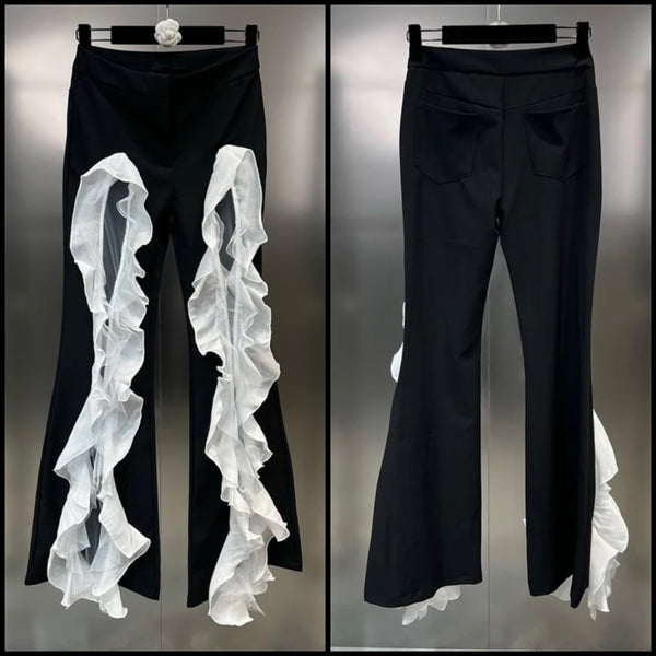 Women B&W Ruffled Mesh Patchwork Fashion Pants