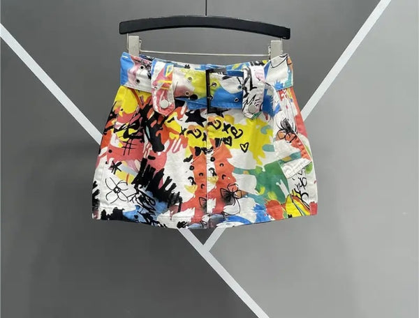 Women Multicolored Print Fashion Denim Skirt