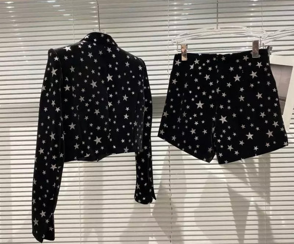 Women Fashion Full Sleeve Star Print Blazer Short Set