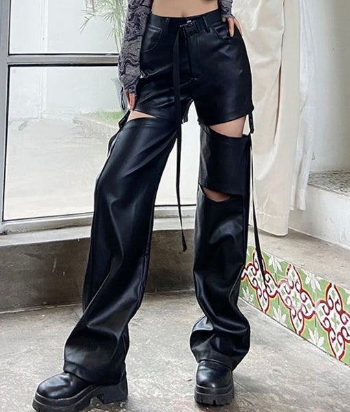 Women Black Faux Leather Buckled Cut Out Pants