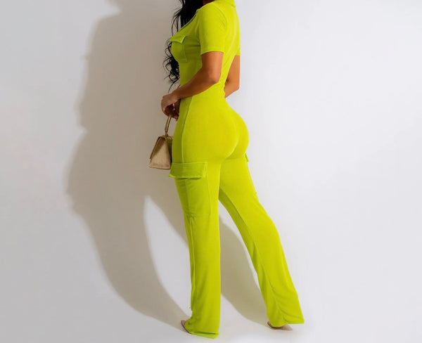 Women Solid Color Short Sleeve Pocket Front Zipper Fashion Jumpsuit