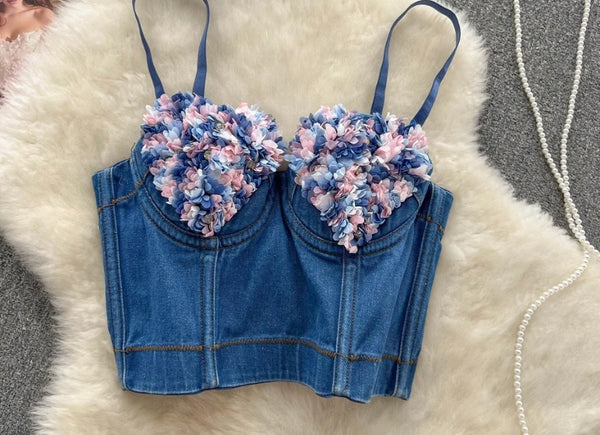 Women Sleeveless Floral Fashion Sexy Denim Crop Top