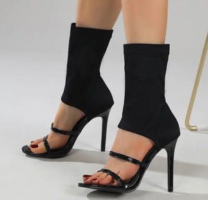 Women Open Toe Black/White High Heel Fashion Ankle Boots