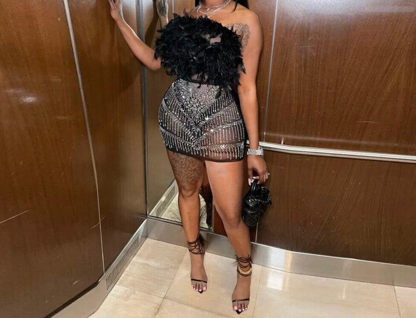 Women Sexy Feather Strapless Bling Mesh Patchwork Dress