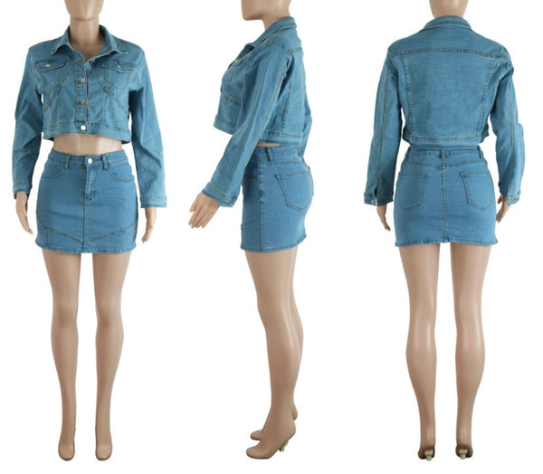 Women Fashion Button Up Denim Crop Jacket Two Piece Skirt Set