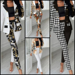 Women Printed Patchwork Fashion Blazer Two Piece Pant Set