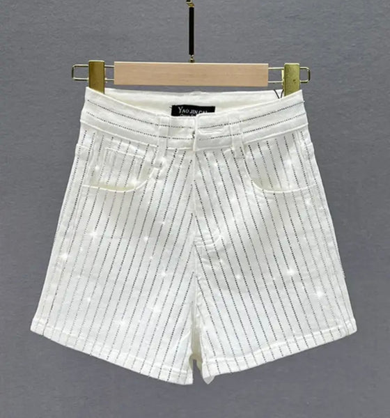 Women Fashion Denim Rhinestone Patchwork Shorts