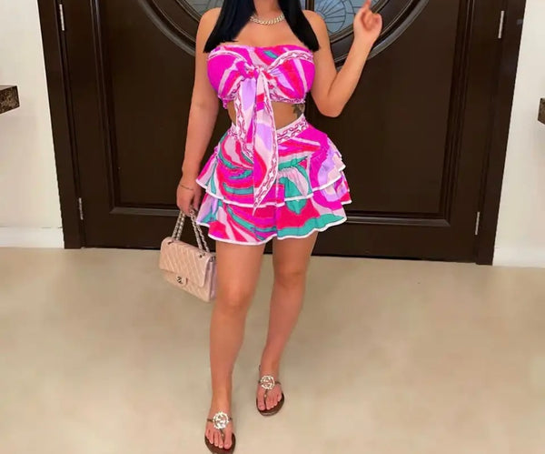 Women Sexy Strapless Multicolored Print Two Piece Skirt Set