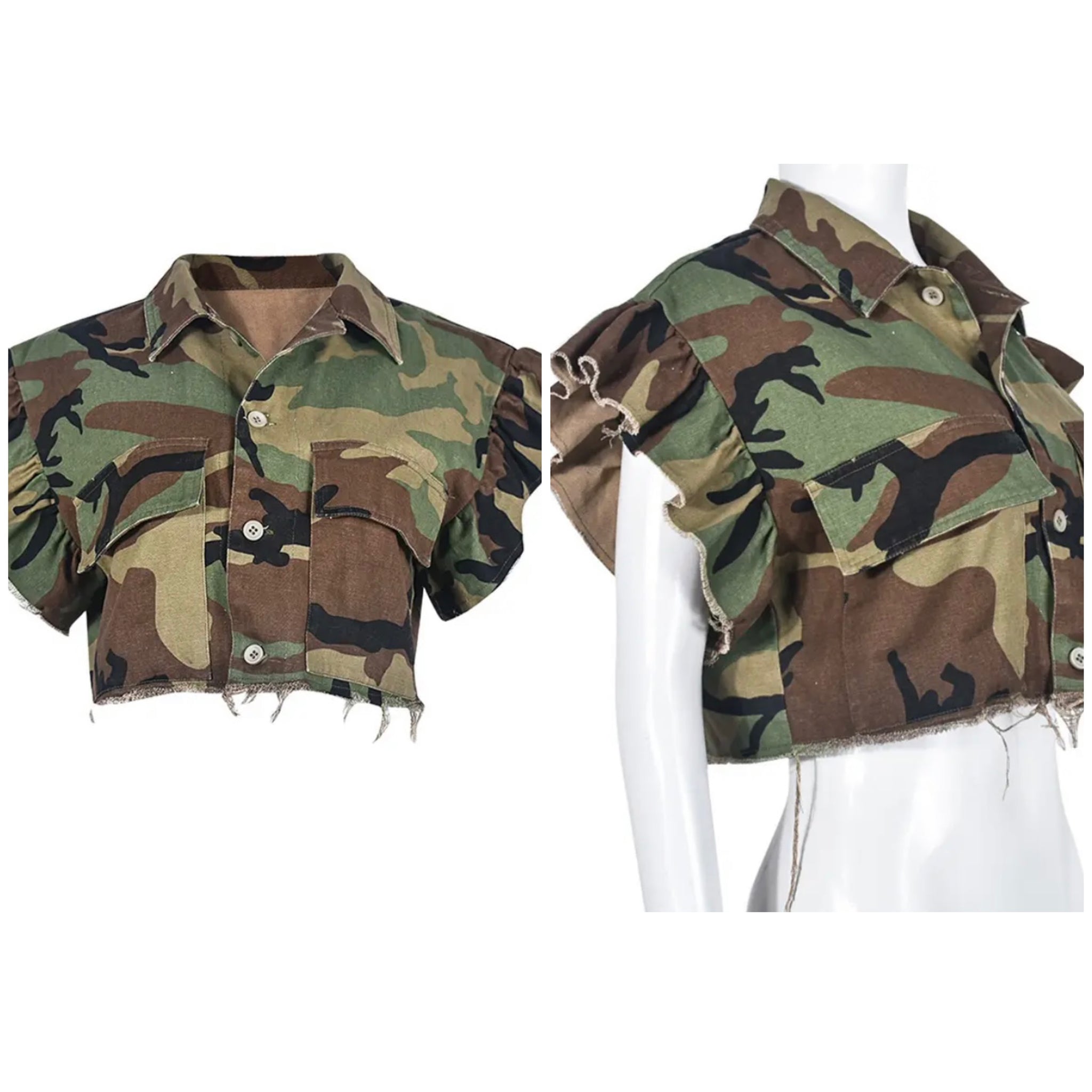 Women Ruffled Short Sleeve Button Up Camouflage Crop Top