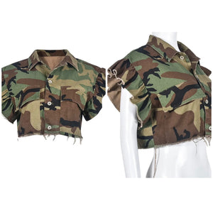 Women Ruffled Short Sleeve Button Up Camouflage Crop Top