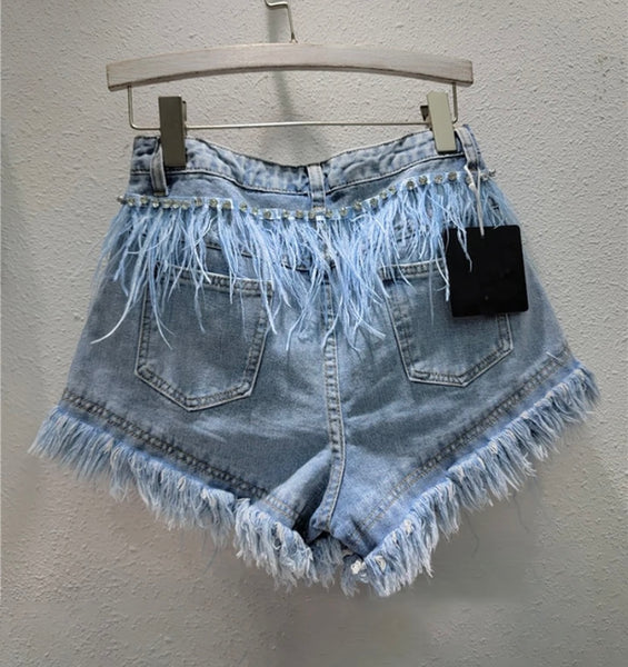 Women Rhinestone Feather Fashion Denim Shorts