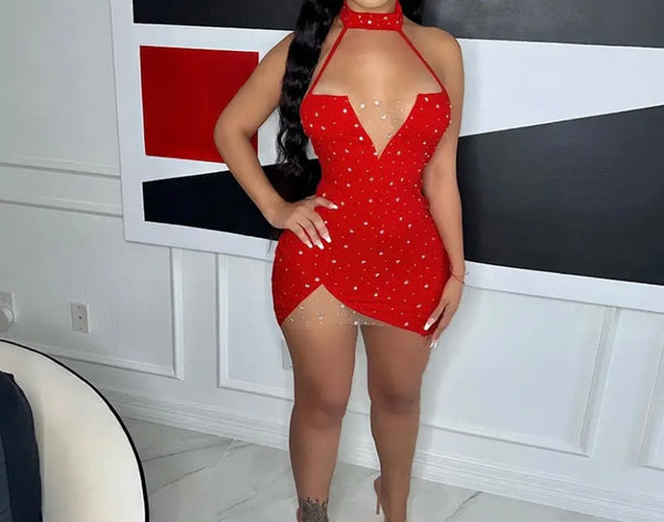 Women Sexy Sleeveless Bling Mesh Patchwork Choker Dress