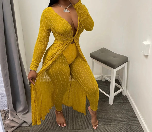 Women Sexy Full Sleeve Asymmetrical Mesh Two Piece Pant Set
