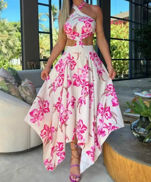 Women Sleeveless Open Back Pink Floral White Maxi Dress