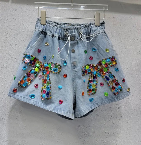 Women Drawstring Fashion Bow Gem Denim Shorts